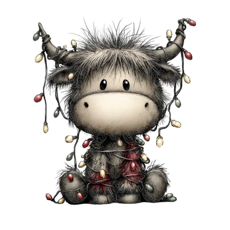Christmas cow cartoon wrapped in colourful string lights holding strands up, Grey Barn Handwerk, Saskatchewan.